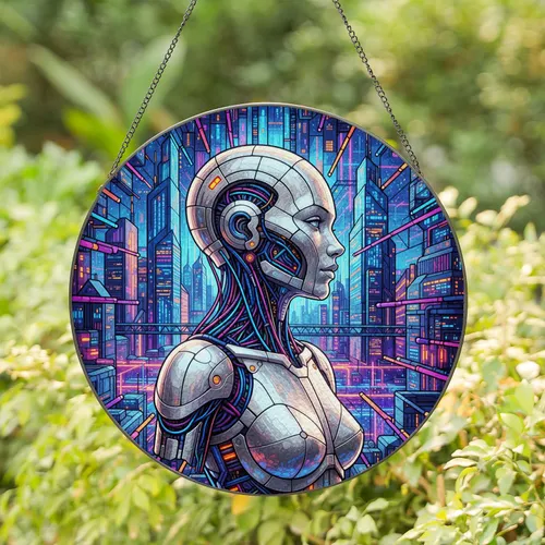 Futuristic Robot Bust Cyberpunk Cityscape - Home Decor Gift for Sci-Fi Fans Stained Glass Suncatcher