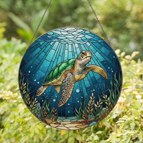 Sea Turtle Ocean Depths Plants - Home Decor Gift for Ocean Lover Stained Glass Suncatcher
