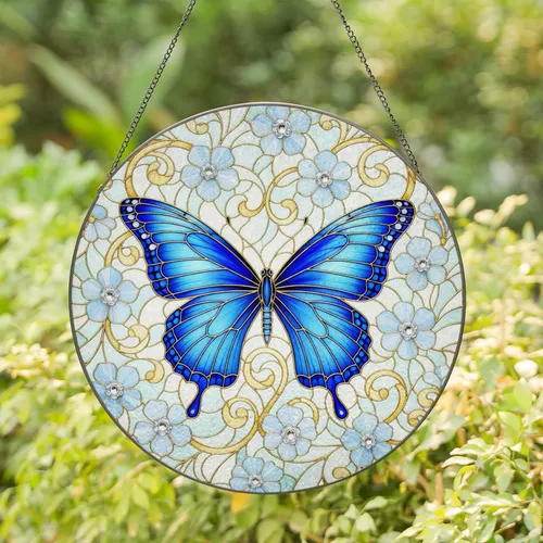 Blue Butterfly Golden Vine Flowers - Home Decor Gift for Butterfly Lover Stained Glass Suncatcher
