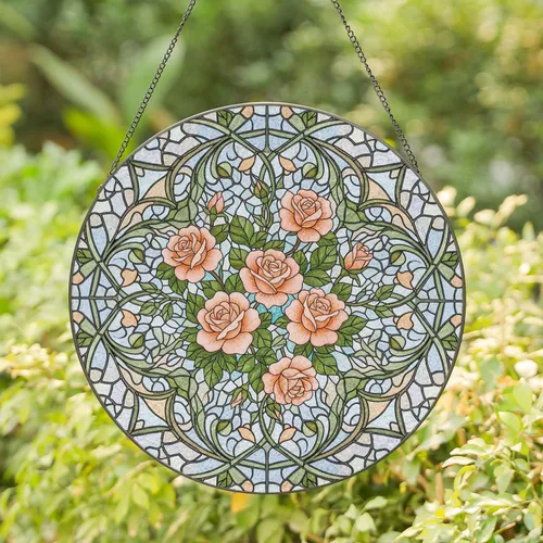 Full Bloom Peach Pink Roses Green Leaves Winding Stems Intricate Mosaic - Home Decor Gift Stained Glass Suncatcher