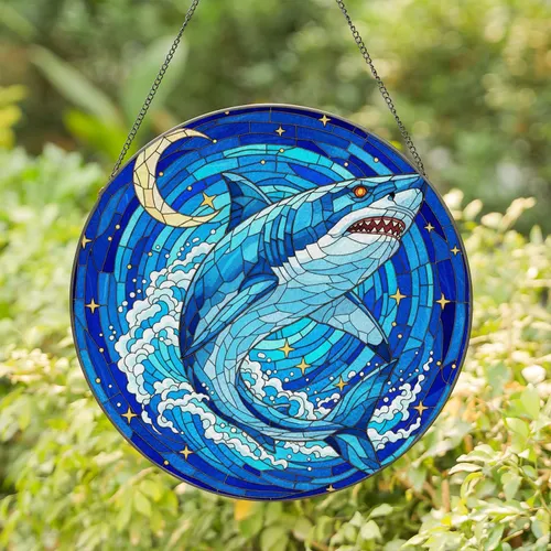 Great White Shark Crescent Moon Ocean - Home Decor Gift for Ocean Lover Stained Glass Suncatcher