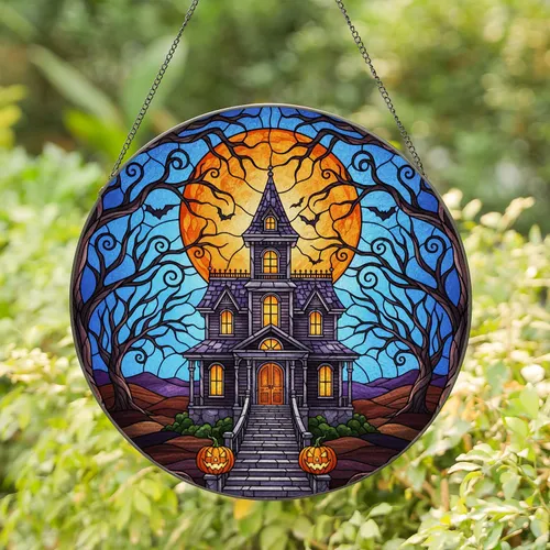 Spooky Trees Haunted Mansion Jack-O-Lanterns Orange Moon - Halloween Home Decor Gift Stained Glass Suncatcher