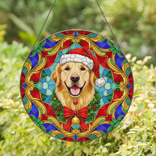 Golden Retriever Santa Dog Christmas Wreath - Holiday Decor Gift for Dog Lover Stained Glass Suncatcher