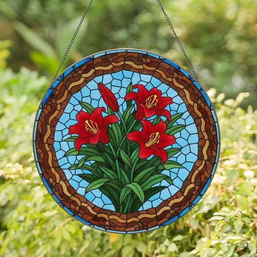 Red Lily Cluster Mosaic, Green Leaves, Earthy Tones - Home Decor Gift for Garden Lovers Stained Glass Suncatcher