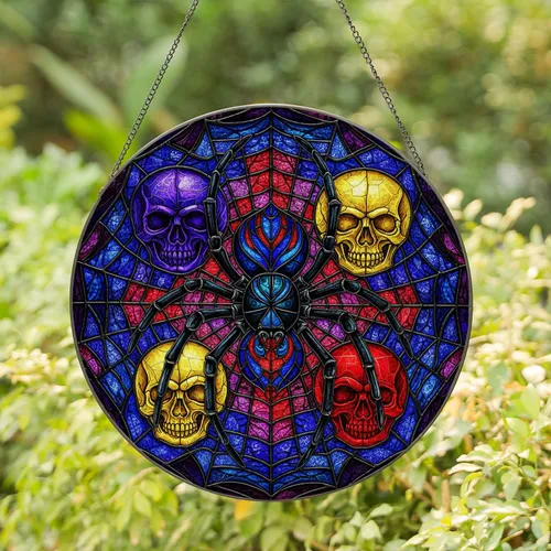 Black Tarantula Skulls Spiderweb - Gothic Home Decor Gift Stained Glass Suncatcher