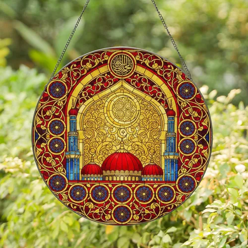 Grand Mosque Red Domes Golden Crescent Arch Minarets Arabesque - Housewarming Gift Stained Glass Suncatcher