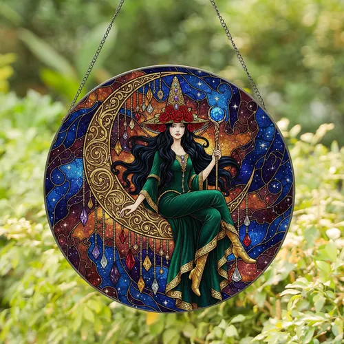 Elaborate Jeweled Witch Crescent Moon Celestial Stars - Home Decor Gift for Witch Lovers Stained Glass Suncatcher