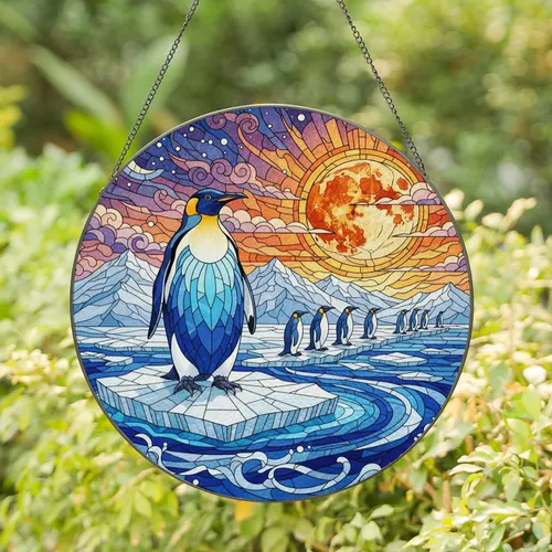 Penguin Ice Floe Snow-capped Mountains Moon Stars - Home Decor Gift for Wildlife Lovers Stained Glass Suncatcher