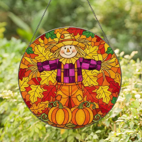 Smiling Scarecrow Patchwork Hat Fall Foliage Pumpkins - Autumn Harvest Decor Gift Stained Glass Suncatcher