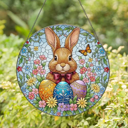 Fluffy Brown Rabbit Easter Eggs Spring Flowers - Easter Home Decor Gift Stained Glass Suncatcher