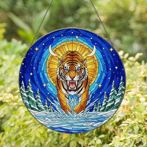 Snarling Saber-toothed Tiger Icy Landscape Cosmic Sky - Wildlife Home Decor Gift for Big Cat Fan Stained Glass Suncatcher