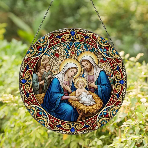 Tiffany Holy Family Nativity Mosaic Floral Scroll - Christmas Home Decor Gift Stained Glass Suncatcher
