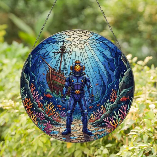 Deep-Sea Diver Shipwreck Coral Fish Underwater Cavern - Ocean Lover Home Decor Gift Stained Glass Suncatcher
