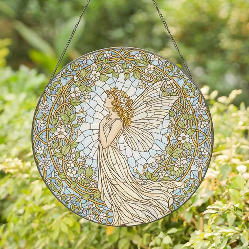Fairy Wings Golden Vines Wreath White Gold Lavender Flowers - Home Decor Gift for Fairy Lover Stained Glass Suncatcher