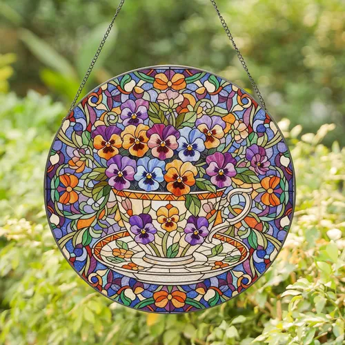 Teacup Saucer Pansy Flowers Floral Leaf Bouquet - Home Decor Gift for Garden Lover Tea Lover Stained Glass Suncatcher