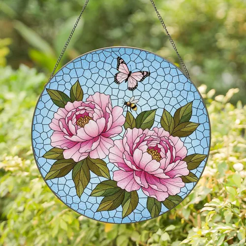 Peonies Bee Butterfly Stained Glass Mosaic - Home Decor Gift for Garden Lover Stained Glass Suncatcher