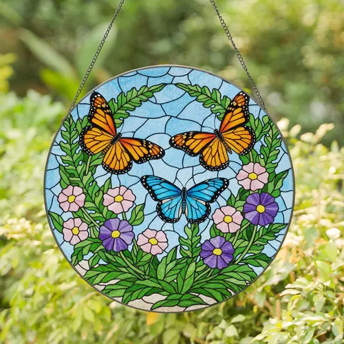 Three Butterflies Floral Botanical Garden - Home Decor Gift for Garden Lover Stained Glass Suncatcher