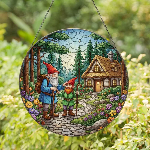 Gnome Pair Cobblestone Path Garden Cottage - Fantasy Home Decor Gift for Fantasy Lovers Stained Glass Suncatcher