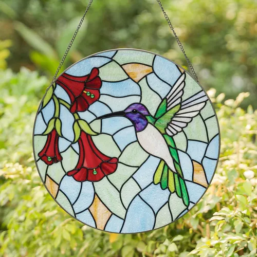 Hummingbird Trumpet Flowers Home Decor Gift for Wildlife Lover Stained Glass Suncatcher