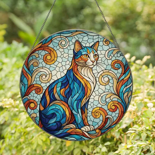 Sitting Cat Flowing Organic - Home Decor Gift for Cat Lover Stained Glass Suncatcher