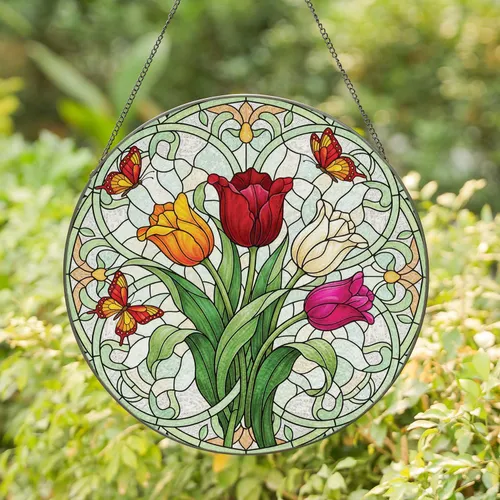 Tulip Bouquet Butterflies Floral Home Decor Gift for Garden Lover Stained Glass Suncatcher