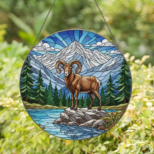 Long-Horned Mountain Ram Mountain Peaks - Wildlife Lover Home Decor Gift Stained Glass Suncatcher
