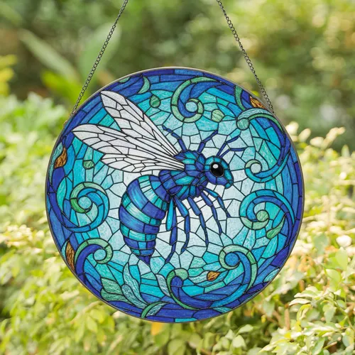 Tiffany Blue Teal Bee Swirling Floral Mosaic - Window Decor Gift for Nature Lovers Stained Glass Suncatcher