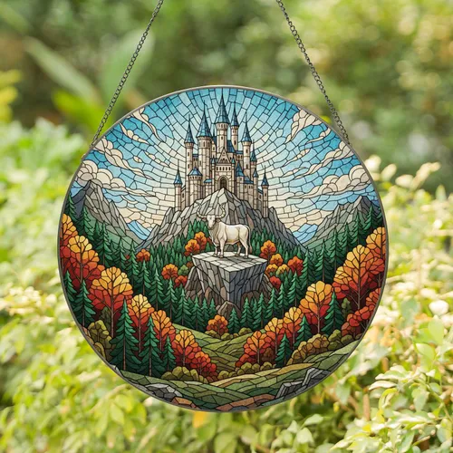 Fantasy Castle Mountain Bull - Autumn Home Decor Gift for Fantasy Lover Stained Glass Suncatcher