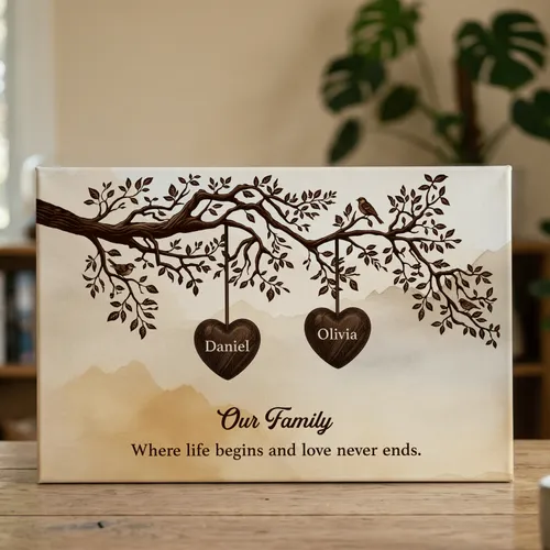 Personalized Family Tree Canvas Wall Art, Custom Names Hanging Hearts, Rustic Home Decor, Gift for Parents Grandparents