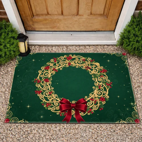 Christmas Wreath Golden Foliage Red Berries Velvet Bow - Holiday Home Decor Doormat
