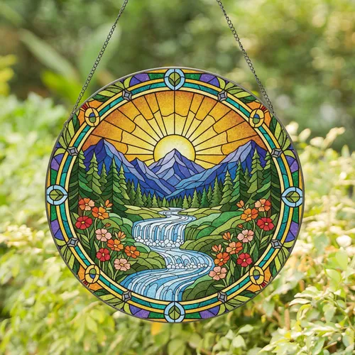 Golden Sun Mountain River Forest Wildflowers Landscape - Home Decor Gift Stained Glass Suncatcher
