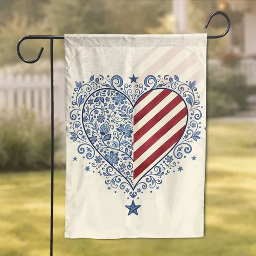 Floral Heart M American Flag Stripes Stars - Independence Day Home Decor Gift Garden Flag