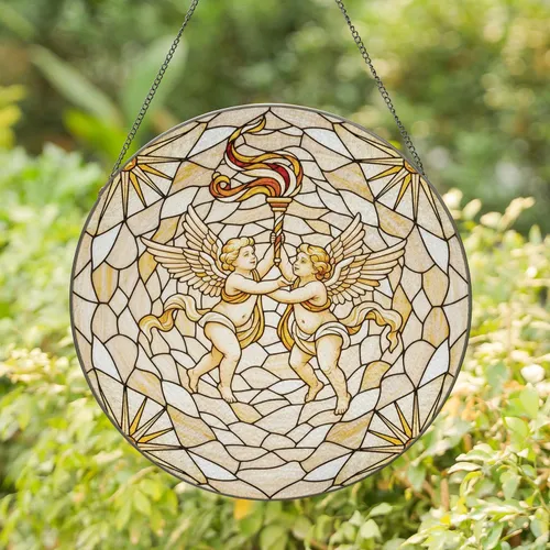 Intertwined Dancing Cherubs Ribbon Torch Radiant Starbursts - Home Decor Gift Stained Glass Suncatcher