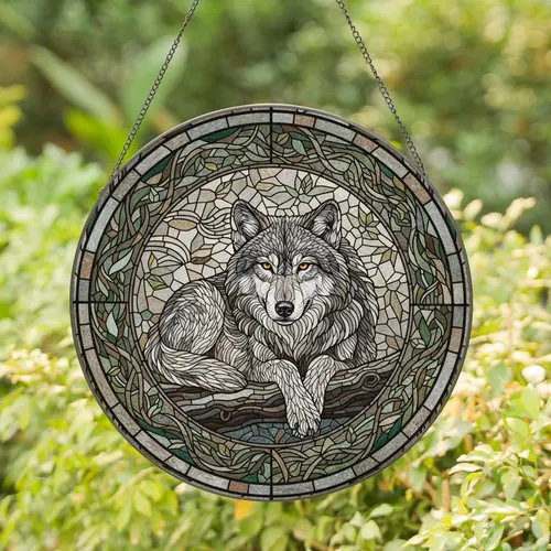 Grey Wolf Amber Eyes Dark Gnarled Tree Log - Home Decor Gift for Wildlife Lover Stained Glass Suncatcher