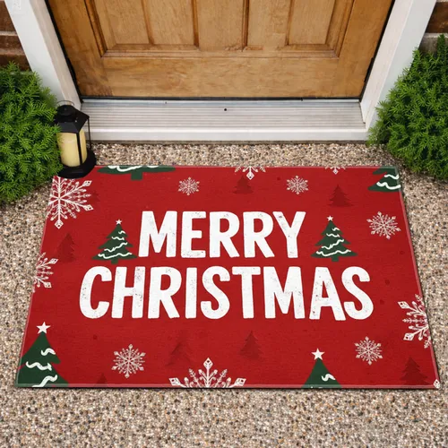 Merry Christmas White Snowflakes Dark Green Trees - Christmas Home Decor Doormat