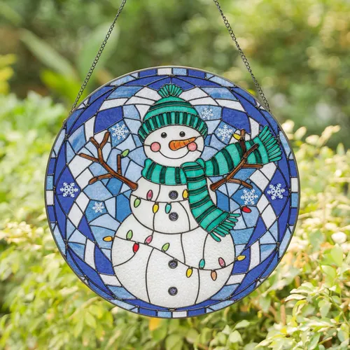 Cheerful Snowman Christmas Lights Mosaic Snowflakes - Winter Holiday Gift Stained Glass Suncatcher