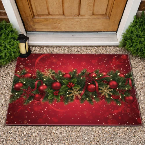 Christmas Pine Garland Red Baubles Snowflakes - Festive Home Decor Doormat