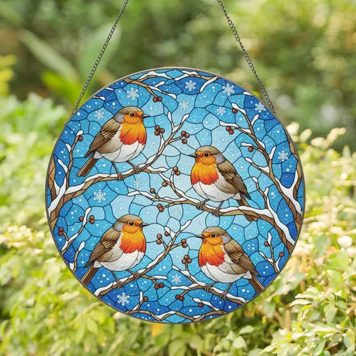 Fluffy European Robins Snow Branches Berries Winter Sky - Home Decor Gift for Wildlife Lover Stained Glass Suncatcher