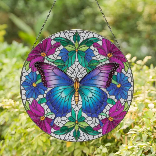 Vibrant Butterfly Outstretched Wings Magenta Blue Flowers Green Leaves - Wildlife Lover Gift Stained Glass Suncatcher