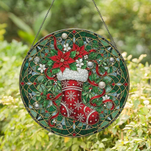 Christmas Stocking Poinsettia Snowflake Holly Mistletoe - Holiday Gift Stained Glass Suncatcher