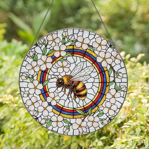 Fuzzy Honeybee Cherry Blossom Segmented Ring - Garden Decor Gift for Nature Lover Stained Glass Suncatcher