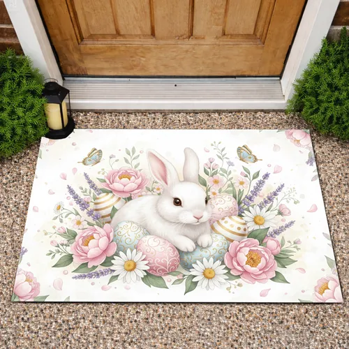 Fluffy White Easter Bunny, Pastel Eggs, Spring Flowers, Butterflies - Easter Home Decor Gift Doormat