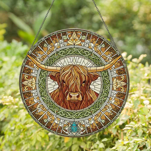Highland Cow Celtic Knot Floral Scarab - Farmhouse Decor Gift for Cow Lover Stained Glass Suncatcher