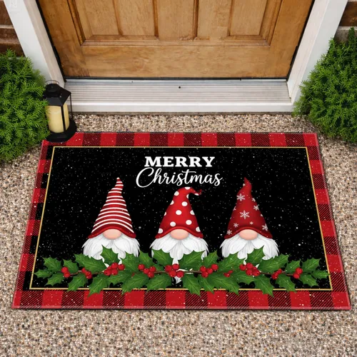 MERRY Christmas Gnomes Holly Berries Buffalo Plaid - Festive Holiday Decor Doormat
