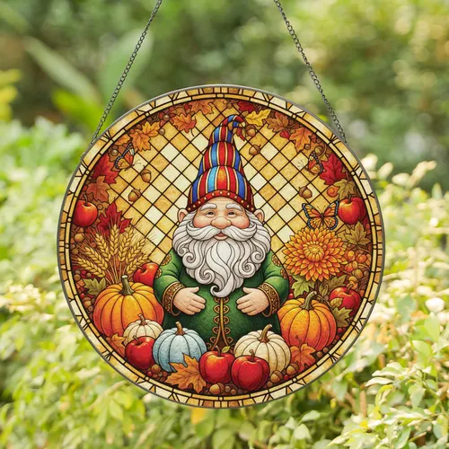 Gnome Patterned Hat Autumn Harvest Mosaic - Home Decor Gift for Gnome Lover Stained Glass Suncatcher