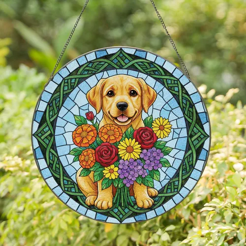 Golden Labrador Puppy Daisy Rose Marigold Bouquet - Home Decor Gift for Dog Lovers Stained Glass Suncatcher