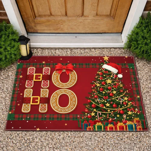HO HO HO Santa Gingerbread Christmas Tree - Christmas Holiday Decor Doormat