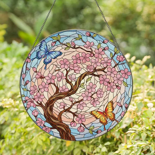 Gnarled Cherry Blossom Branch Pink Flowers Blue Orange Butterflies - Home Decor Gift Stained Glass Suncatcher