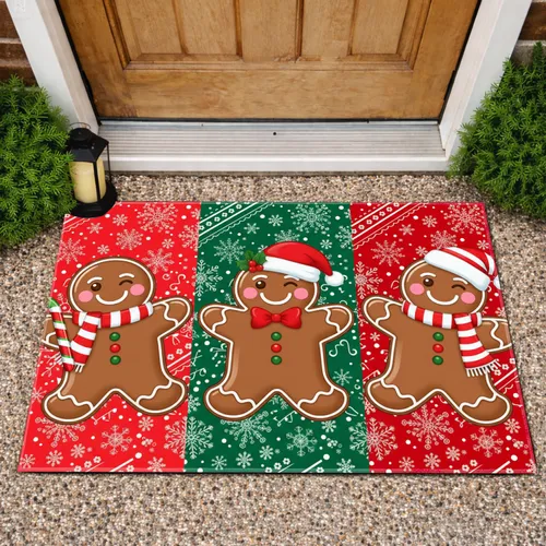 Gingerbread Men Santa Hat Candy Cane Holly Snowflakes Diagonal Stripes - Christmas Gift Doormat