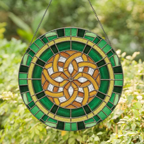 Golden Brown Celtic Knot Star Green Mosaic Field - Home Decor Gift Stained Glass Suncatcher